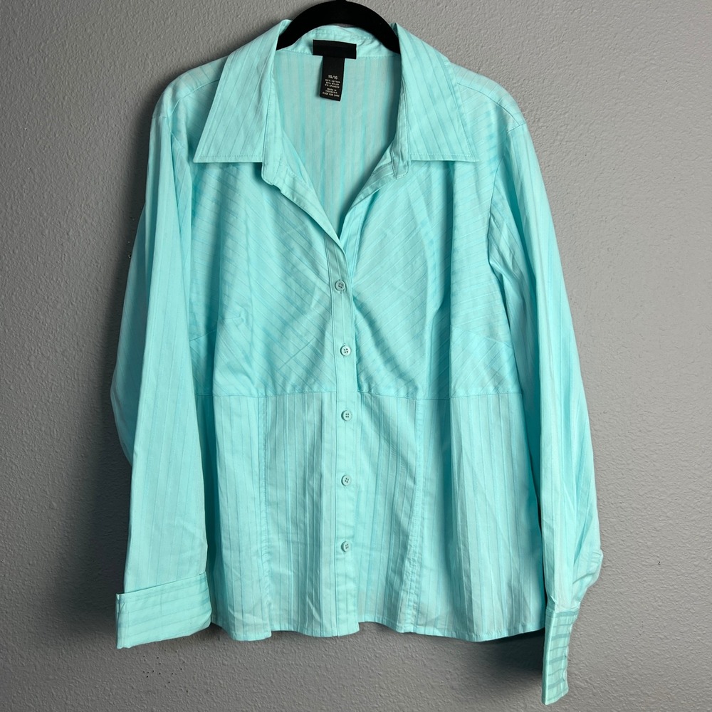 Lane Bryant Button Down Top Striped Long Sleeve Blouse Turquoise Plus Size 14/16
